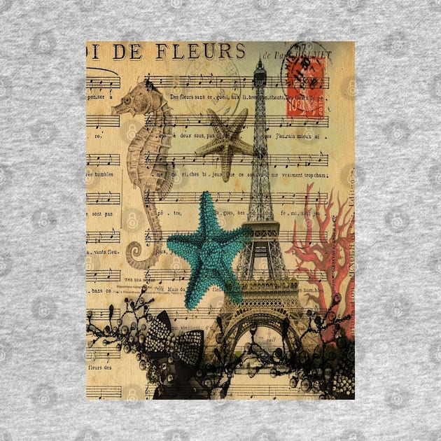 music notes ocean seashells vintage eiffel tower by Tina